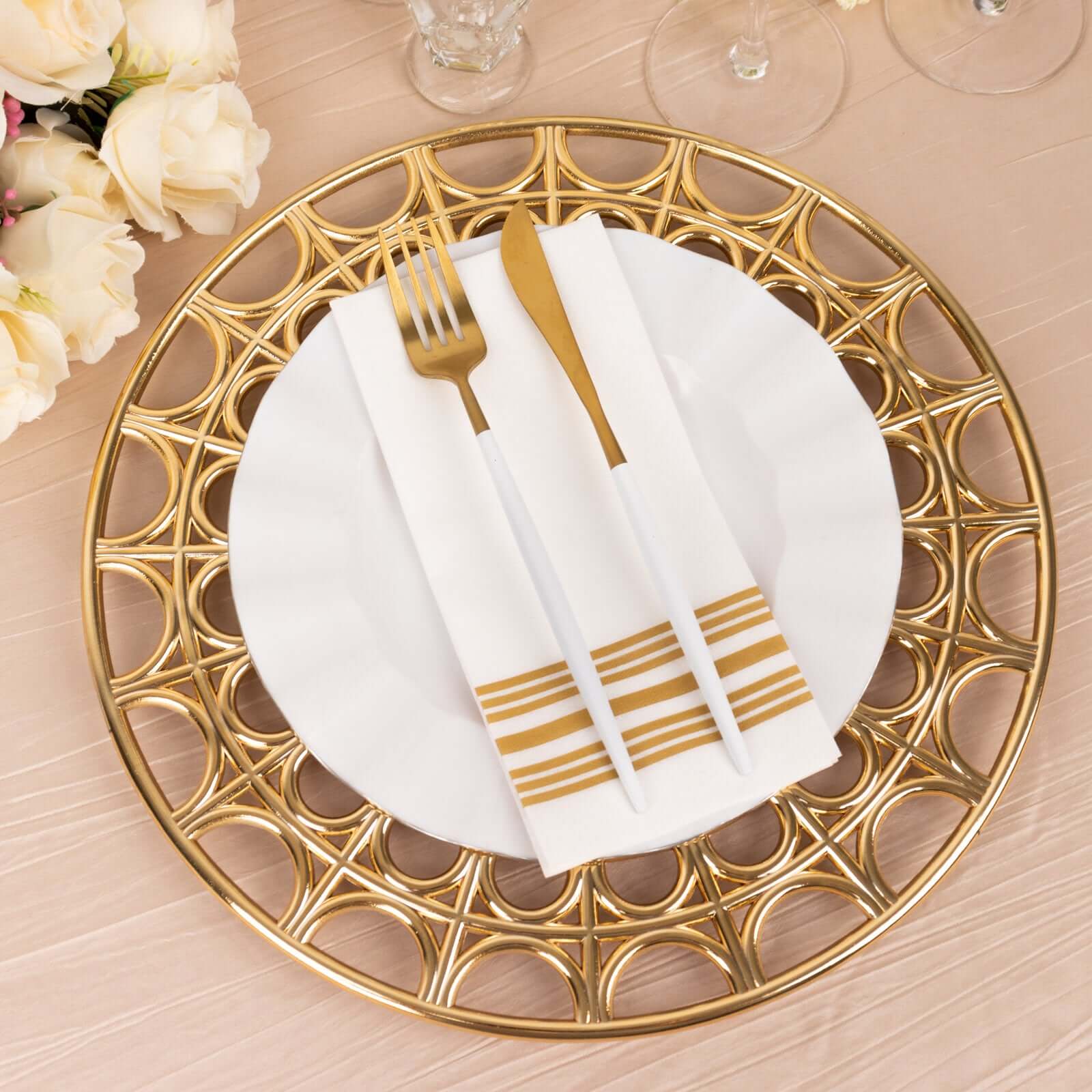 6-Pack Acrylic Charger Plates 13" Round Metallic Gold with Hollow Semi Circle Rim - Plastic Decorative Charger Tableware - Image 6