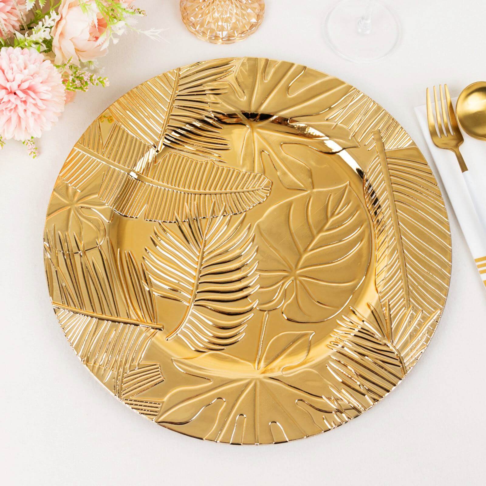 6-Pack Acrylic Charger Plates 13" Round Metallic Gold with Embossed Tropical Leaves - Decorative Dinner Charger Tableware - Image 5