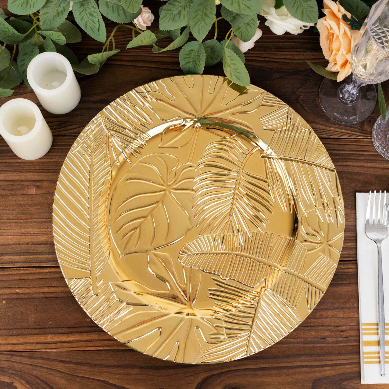 6-Pack Acrylic Charger Plates 13" Round Metallic Gold with Embossed Tropical Leaves - Decorative Dinner Charger Tableware - Image 4