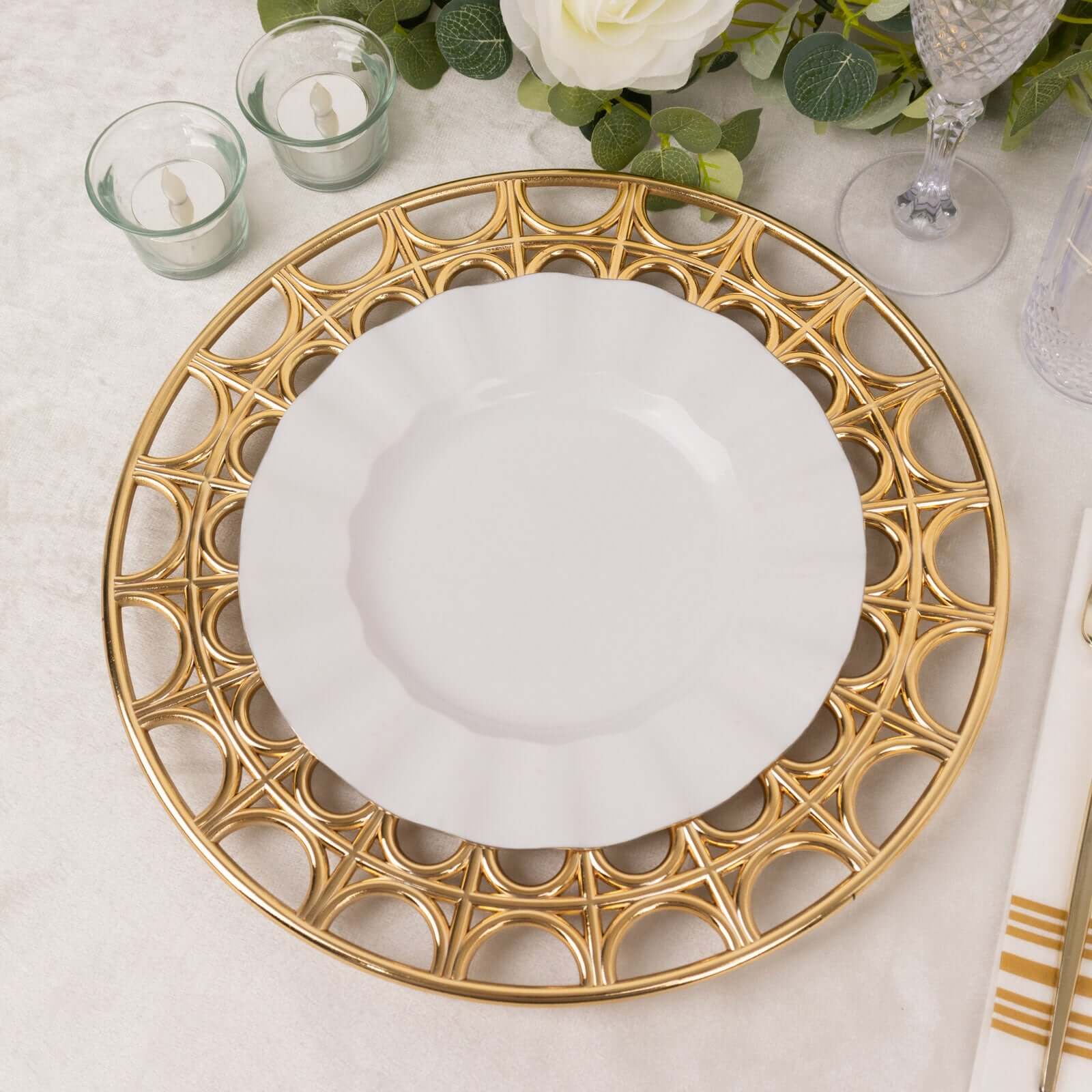 6-Pack Acrylic Charger Plates 13" Round Metallic Gold with Hollow Semi Circle Rim - Plastic Decorative Charger Tableware - Image 7